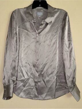 Pure Collection 100% Silk Dark Silver Satin Button Down Shirt Size US 6 NWT!